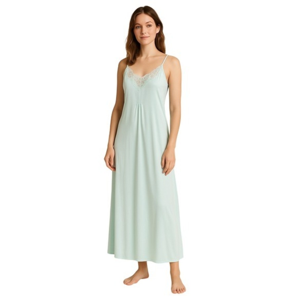 Vintage St. Michael Aqua Satin Slip Maxi Dress Lace Beading Women Sz S Nightgown